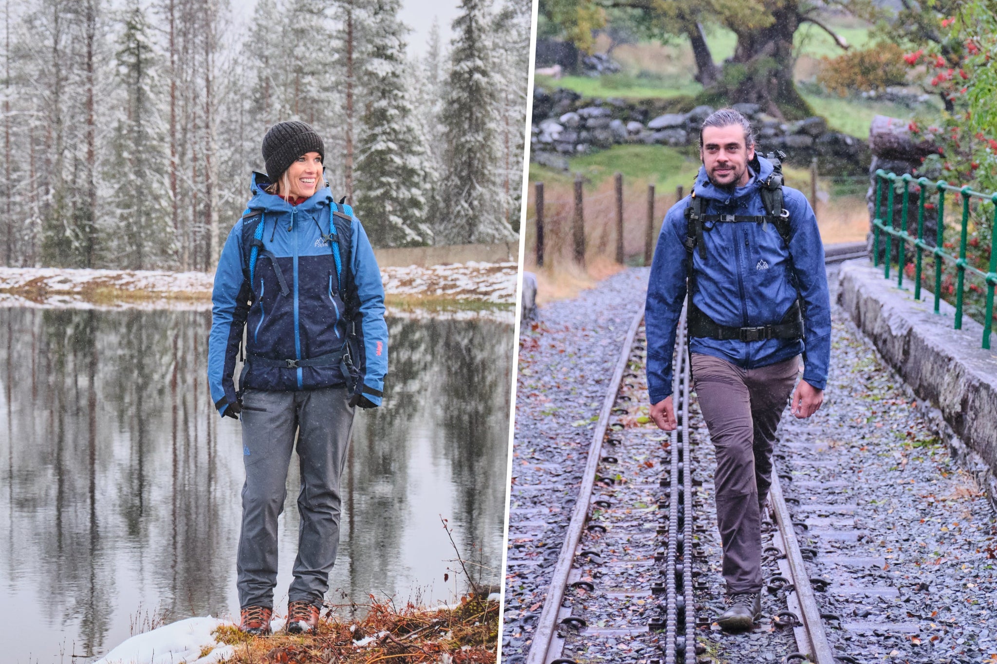 Two hikers are shown wearing Fjern jackets