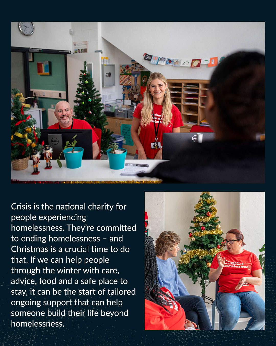 Crisis charity representatives in a festive setting assisting individuals during the holiday season