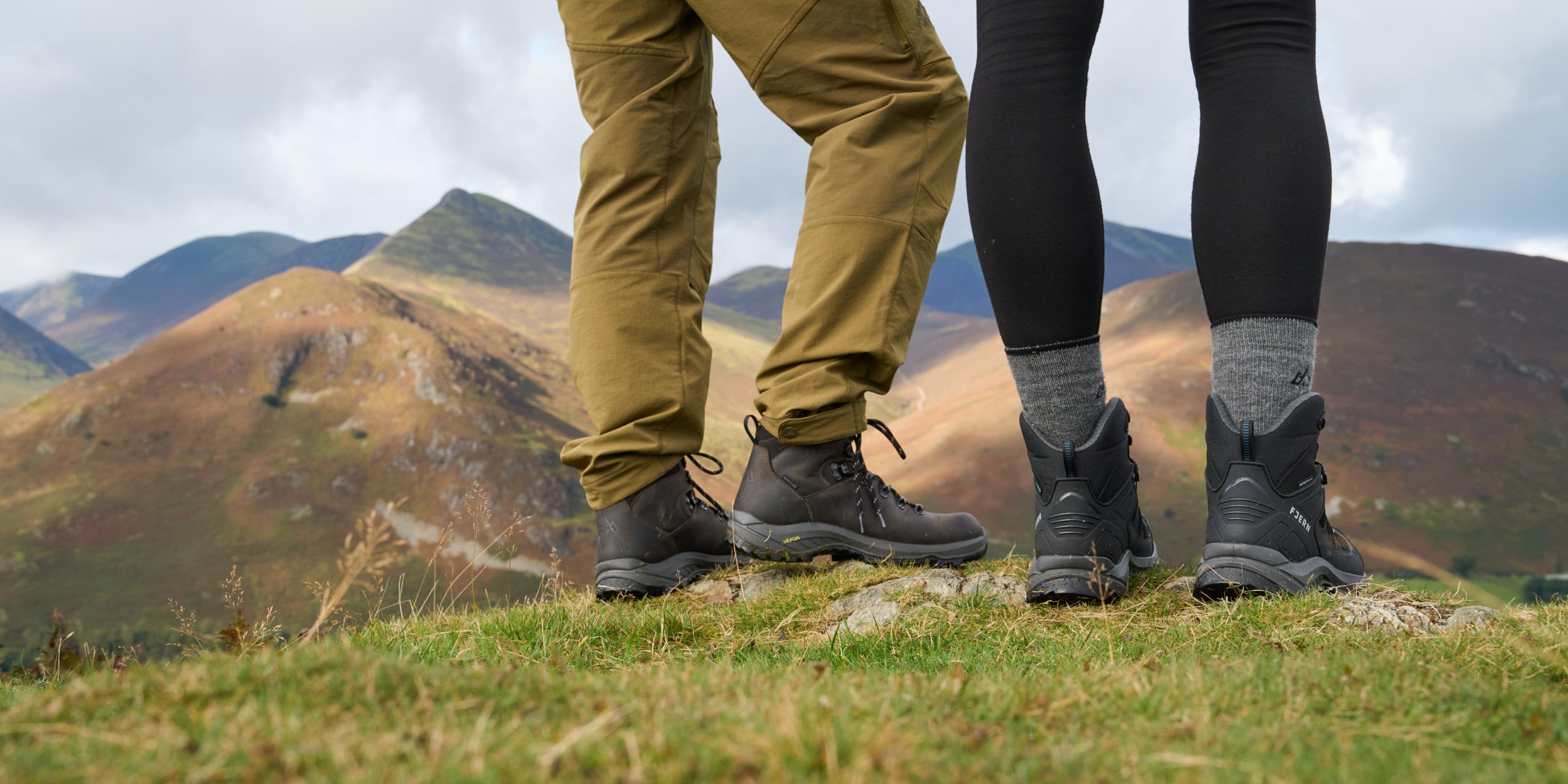 Fjern hiking boots on a mountain trail